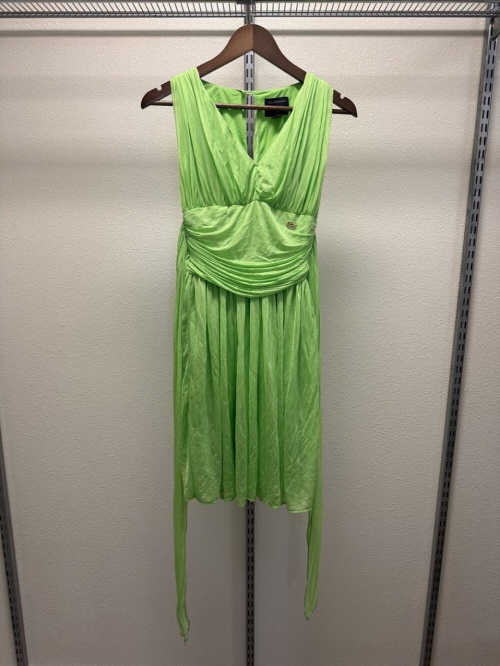 Class Roberto Cavalli Lime Green Ruched Pleated Cocktail Dress Sash IT 42 US 8